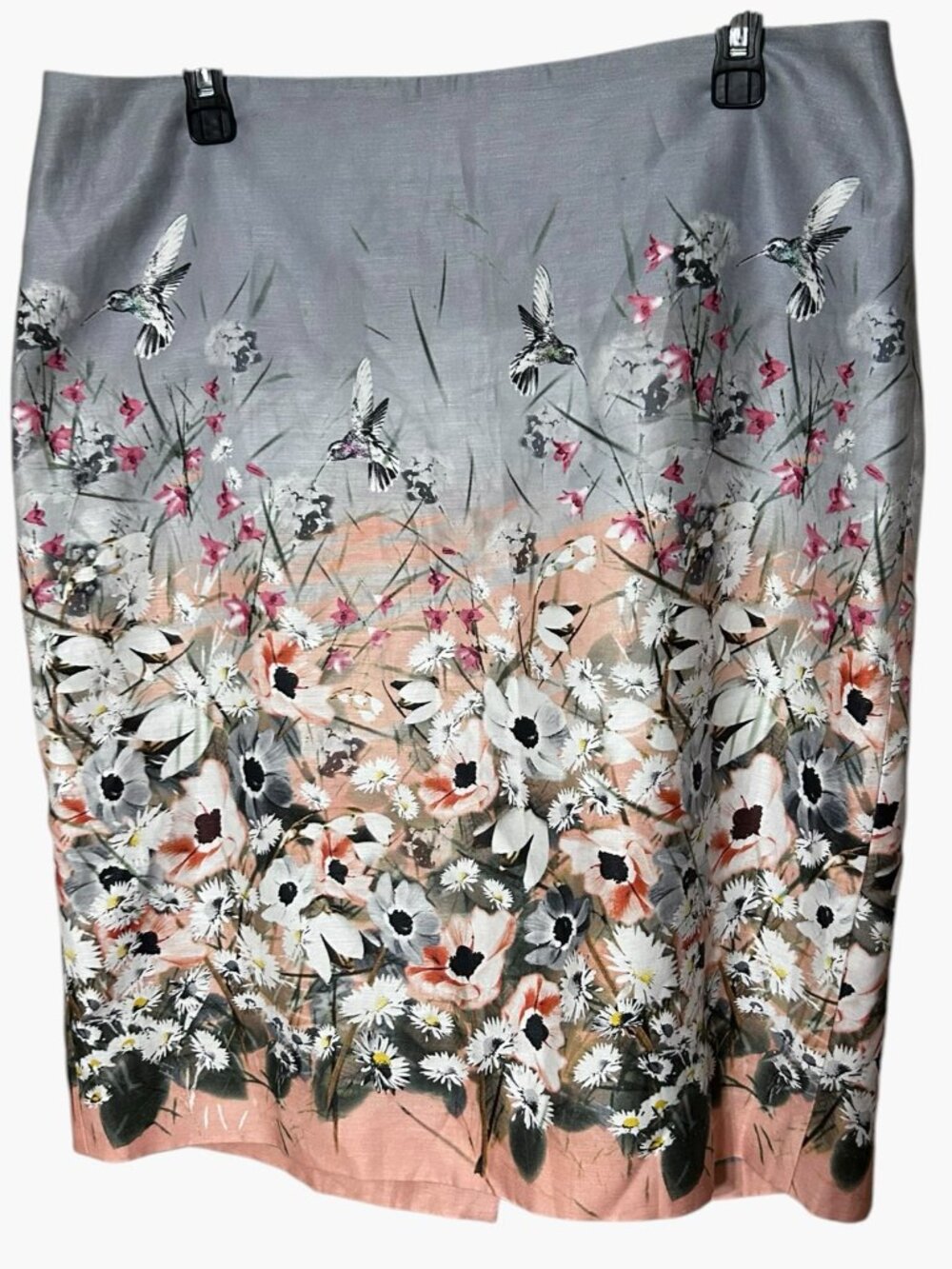 Talbots Women’s 14 Hummingbird Floral Pencil Skirt Gray Blush Ombré Meadow Print